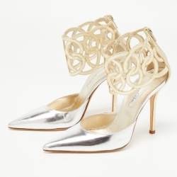 Pre Owned Oscar de la Renta Metallic Gold/Silver Leather Pointed Toe Ankle Strap Pumps Size 38