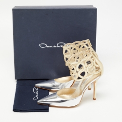 Pre Owned Oscar de la Renta Metallic Gold/Silver Leather Pointed Toe Ankle Strap Pumps Size 38