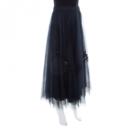 P.A.R.O.S.H Navy Blue Floral Sequin Embellished Tulle Maxi Skirt XL