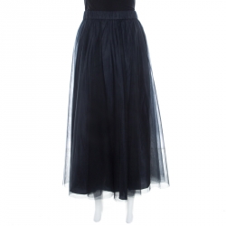 P.A.R.O.S.H Navy Blue Floral Sequin Embellished Tulle Maxi Skirt XL
