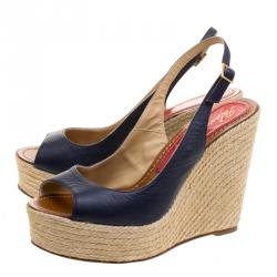 Paloma Barceló Blue Leather Espadrilles Wedge Slingback Sandals Size 41