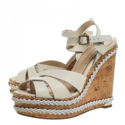 Paloma Barceló Ivory Strappy Leather Ankle Strap Platform Wedge Sandals Size 39