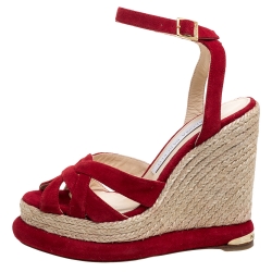 Paloma Barceló Red Suede Leather Espadrille Wedge Platform Ankle Strap Sandals Size 36.5