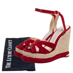 Paloma Barceló Red Suede Leather Espadrille Wedge Platform Ankle Strap Sandals Size 36.5