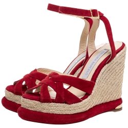 Paloma Barceló Red Suede Leather Espadrille Wedge Platform Ankle Strap Sandals Size 36.5