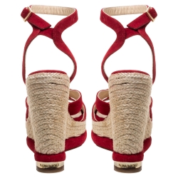 Paloma Barceló Red Suede Leather Espadrille Wedge Platform Ankle Strap Sandals Size 36.5
