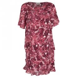 Paul and Joe Red Floral Printed Silk Ruffled Tiered Dress S