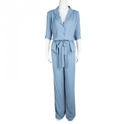 Paul and Joe Powder Blue Crepe Floral Lace Back Detail Wide Leg Vahine Jumpsuit L