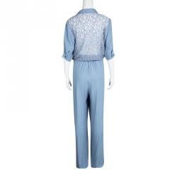Paul and Joe Powder Blue Crepe Floral Lace Back Detail Wide Leg Vahine Jumpsuit L