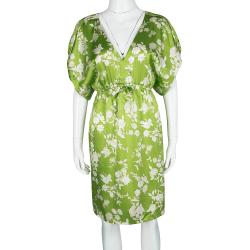 Paul and Joe Green Floral Printed Silk V-Neck Dress S
