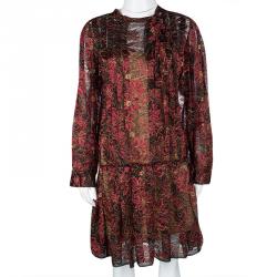 Paule Ka Red Lurex Floral Lace Pleated Shirt Dress XL