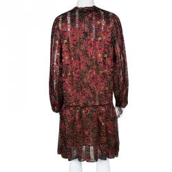 Paule Ka Red Lurex Floral Lace Pleated Shirt Dress XL