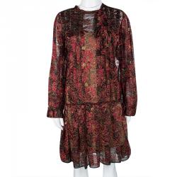 Pre Owned Paule Ka Red Lurex Floral Lace Pleated Shirt Dress XL