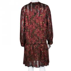 Pre Owned Paule Ka Red Lurex Floral Lace Pleated Shirt Dress XL