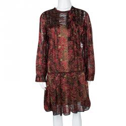 Pre Owned Paule Ka Red Lurex Floral Lace Pleated Shirt Dress XL