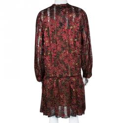 Pre Owned Paule Ka Red Lurex Floral Lace Pleated Shirt Dress XL