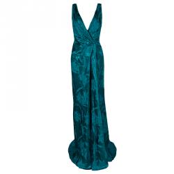 Paule Ka Emerald Floral Jacquard Draped Sleeveless Canard Gown XL