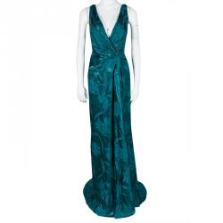 Paule Ka Emerald Floral Jacquard Draped Sleeveless Canard Gown XL