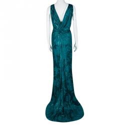 Paule Ka Emerald Floral Jacquard Draped Sleeveless Canard Gown XL