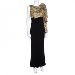Pre Owned Paule Ka Gold and Black Draped Bodice Detail Evening Gown M