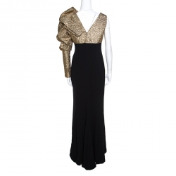 Pre Owned Paule Ka Gold and Black Draped Bodice Detail Evening Gown M