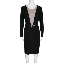 Pre Owned Paule Ka Black Contrast Neck Panel Detail Belted Dress M