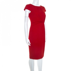 Paule Ka Red Crepe Draped Waist Detail Midi Dress S