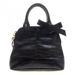 Paule Ka Black Croc Embossed Leather Bow Satchel