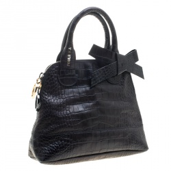 Paule Ka Black Croc Embossed Leather Bow Satchel