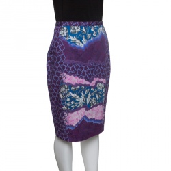 Pre Owned Peter Pilotto Shard Violet Printed Stretch Cotton Pencil Skirt M