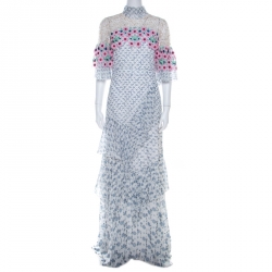 Pre Owned Peter Pilotto White Floral Print Lace Panelled Ruffled Silk Georgette Dress S