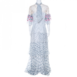 Pre Owned Peter Pilotto White Floral Print Lace Panelled Ruffled Silk Georgette Dress S