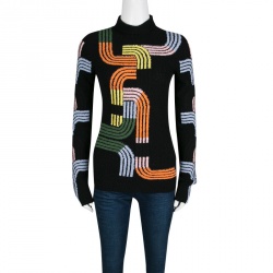 Peter Pilotto Black Textured Multicolor Track Pattern Turtleneck Sweater S