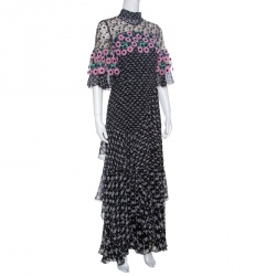 Pre Owned Peter Pilotto Black Floral Print Lace Paneled Ruffled Silk Georgette Dress S