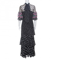 Pre Owned Peter Pilotto Black Floral Print Lace Paneled Ruffled Silk Georgette Dress S