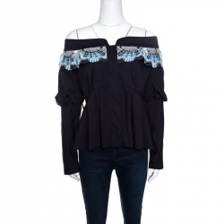 Pre Owned Peter Pilotto Navy Cotton Lace Detail Off Shoulder Top L