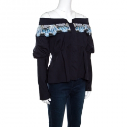 Pre Owned Peter Pilotto Navy Cotton Lace Detail Off Shoulder Top L