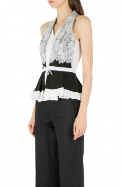 Peter Pilotto Monochrome Cotton Poplin and Lace Cate Peplum Top S