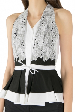 Peter Pilotto Monochrome Cotton Poplin and Lace Cate Peplum Top S