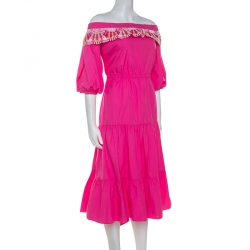 Pre Owned Peter Pilotto Pink Cotton Embroidery Detail Off-Shoulder Pallas Dress L