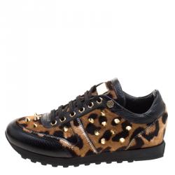 Pre Owned Philipp Plein Limited Edition Leopard Print Calf Hair and Leather Spike Embellished Sneakers Size 36