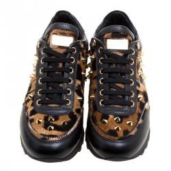 Pre Owned Philipp Plein Limited Edition Leopard Print Calf Hair and Leather Spike Embellished Sneakers Size 36