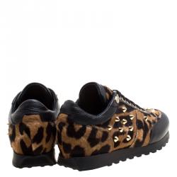 Pre Owned Philipp Plein Limited Edition Leopard Print Calf Hair and Leather Spike Embellished Sneakers Size 36