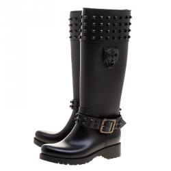 Pre Owned Philipp Plein Black Rubber Kingdom Studded Rain Boots Size 38