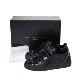 Pre Owned Philipp Plein Black Lace And Patent "Got You" Low Top Sneakers Size 40