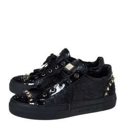 Pre Owned Philipp Plein Black Lace And Patent "Got You" Low Top Sneakers Size 40