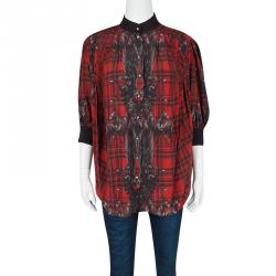 Pre Owned Philipp Plein Red Checked Silk British Horses Print Pleat Detail Blouse M