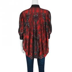 Pre Owned Philipp Plein Red Checked Silk British Horses Print Pleat Detail Blouse M