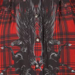 Pre Owned Philipp Plein Red Checked Silk British Horses Print Pleat Detail Blouse M