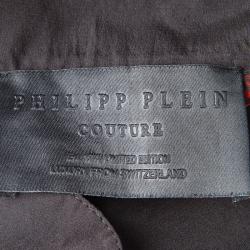 Pre Owned Philipp Plein Red Checked Silk British Horses Print Pleat Detail Blouse M